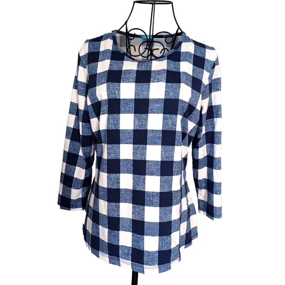 J. McLaughlin Womens Top Sz M Plaid Slim Fit White & Navy